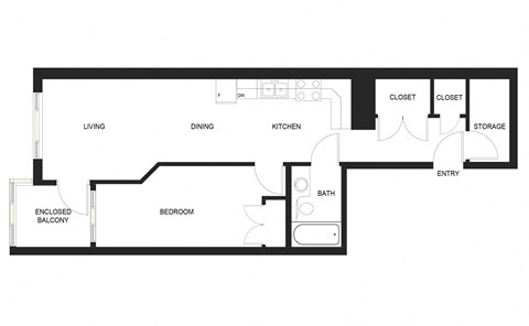 Floor plan for 1 bed, 1 bath, 624 sqft